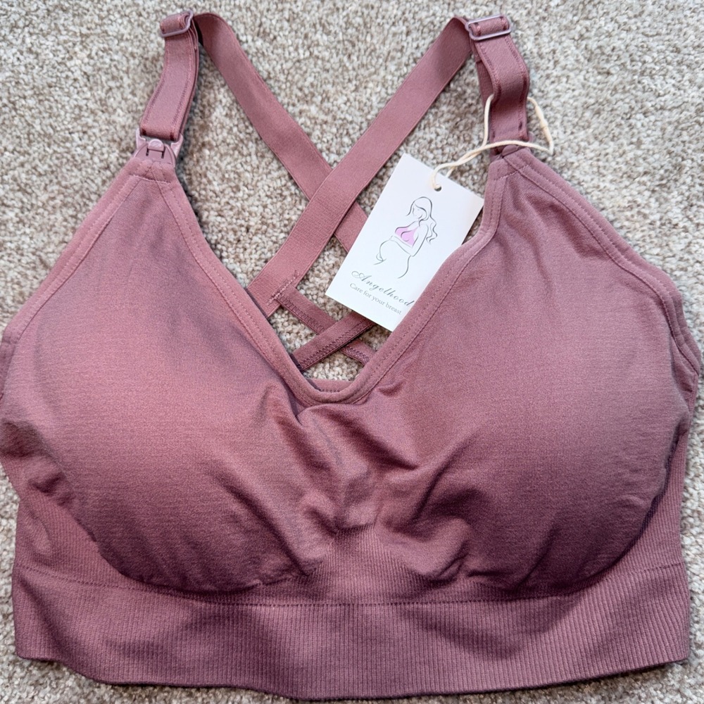 Angelhood Seamless Nursing Bra Medium Mauve Criss Cross Back Breastfeeding New